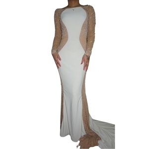Madeline White and Beige Sequined Long Sleeve Maxi Gown